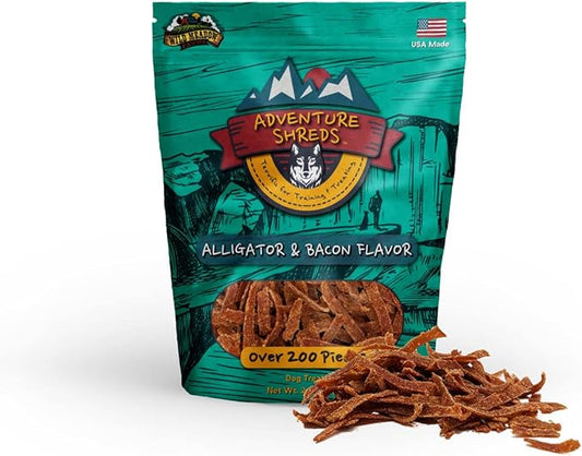 Wild Meadow Farms - Adventure Shreds Alligator & Bacon Dog Treats, Soft & Thin Dog Treats for Training & Rewards, Grain-Free Snacks for Pets of All Breeds and Ages - 2.5 Ounce Pouch