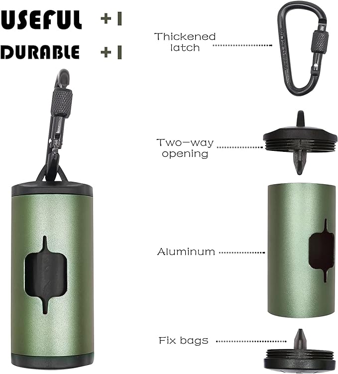Metal Dog Poop Bags Holder Aluminum Poo Bags Dispenser with 15 Black Unscented Pet Waste Bags and 3 Leash Accessories for Dog Walking(1 Holder 15 Bags,Dark Green)