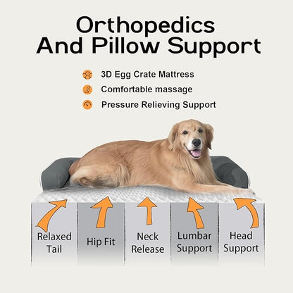 Large Dog Bed Orthopedic Washable: Dog Bed with Waterproof Cover and Removable Bolster, Egg Foam Couch Sofa for Medium XXXlarge Dogs