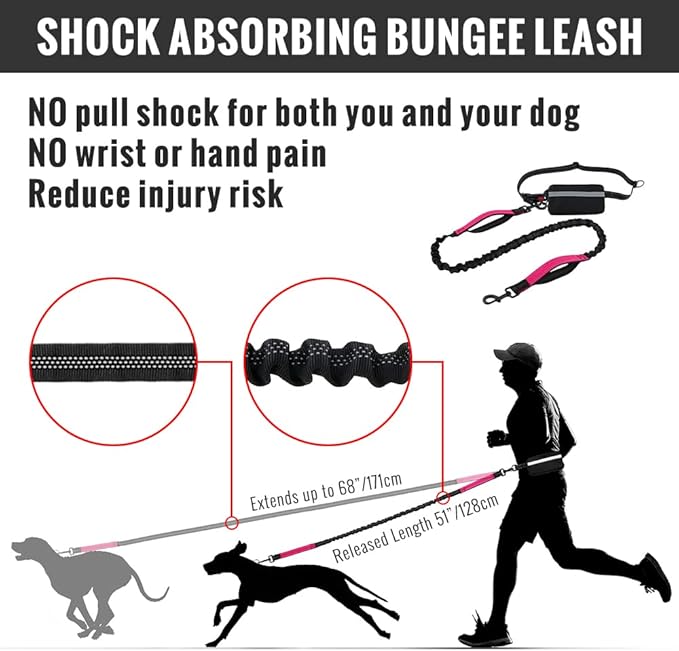 Plutus Pet Hands Free Dog Leash, Soft Padded Dual Handle Retractable Bungee Leash with Reflective Stitches, Adjustable Wasit Leash for Dog Walking Running Jogging, for Medium Large Dogs