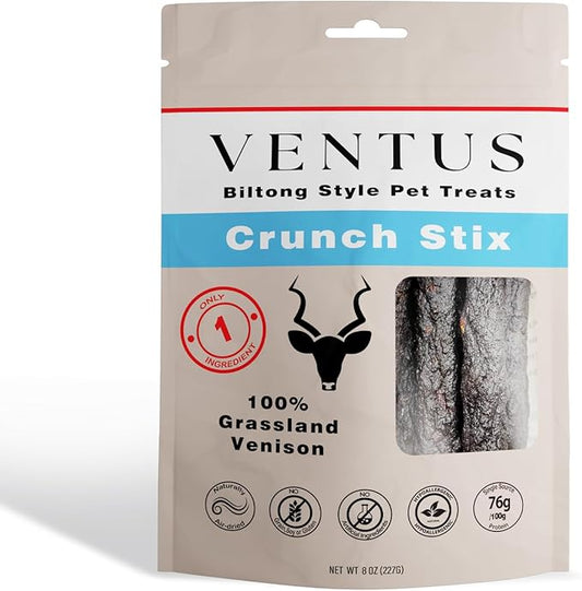 Biltong Style Venison Jerky Crunch Stix for Pets, Ultra Premium Single Ingredient All Natural Air Dried Dog Jerky Sticks, 8 oz