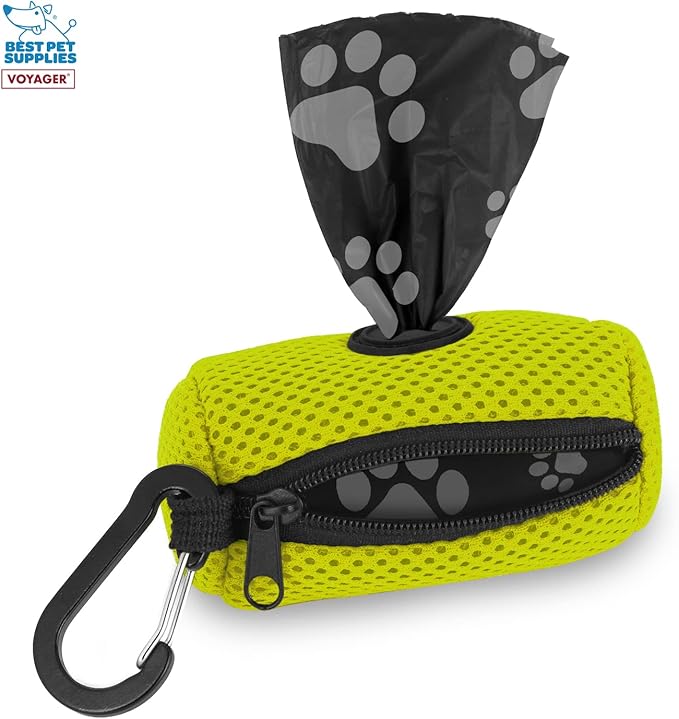 Best Pet Supplies Dog Poop Bag Holder Leash Attachment with 15 Bags, Lime Green, Reusable Mesh Dispenser Pouch for Travel, Walking, Park, and Outdoor Use, Soft and Durable with Clip-On (Pack of 4)