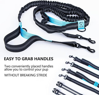 Hands Free Dog Leash for 2 Dogs with Dual Bungees, Reflective Stitches & Retractable Waist Leash for Dog Walking, Adjustable Dog Running Waist Belt with Pouch for Running, Walking, Hiking & Jogging