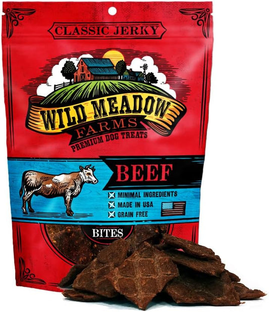 Wild Meadow Farms - Classic Beef Bites, Soft Jerky Treats for Dogs, Grain-Free & All-Natural, Ideal for Training, Portioning, and High-Value Rewards for All Breeds & Ages - 3.5 Ounce Pouch