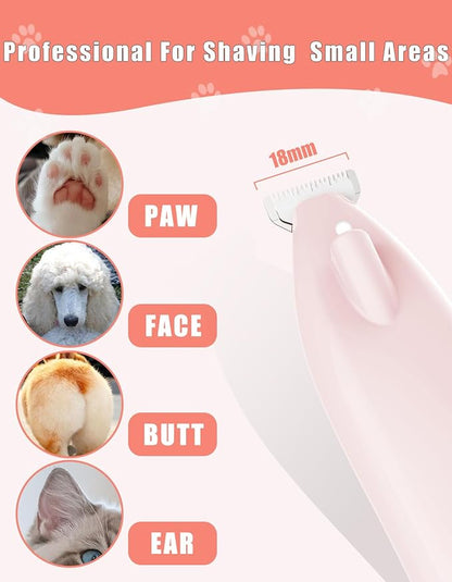 Cordless Dog Paw Trimmer - Low Noise LED Dog Clippers with Ceramic Blade, 2 Speed Rechargeable Small Pet Shaver for Grooming Dogs Cats Hair Around Paws, Eyes, Ears, Face, Rump, Pink