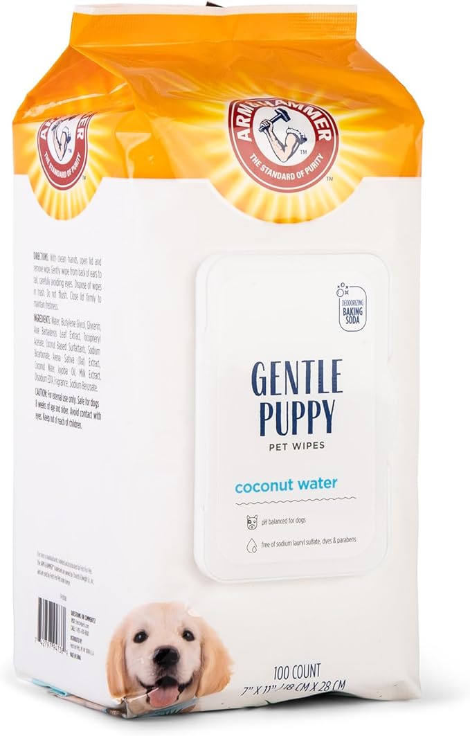 Arm & Hammer for Pets Gentle Puppy Bath Wipes, Coconut Water | All Purpose Puppy Cleaning Wipes Remove Odor & Refresh Skin for Pets | Gentle Tearless Pet Wipes 100 Count, 3 Pack