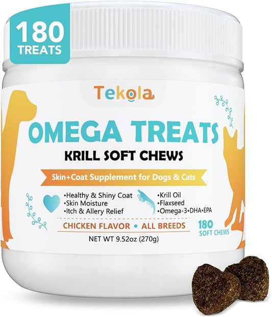 180 Chews Omega 3 for Dogs & Cats - with Krill - Skin and Coat Supplement - Dry & Itchy Skin Relief - Allergy Relief - Shiny Coats - No Shedding - EPA & DHA, Vitamins and Minerals - Chicken Flavor