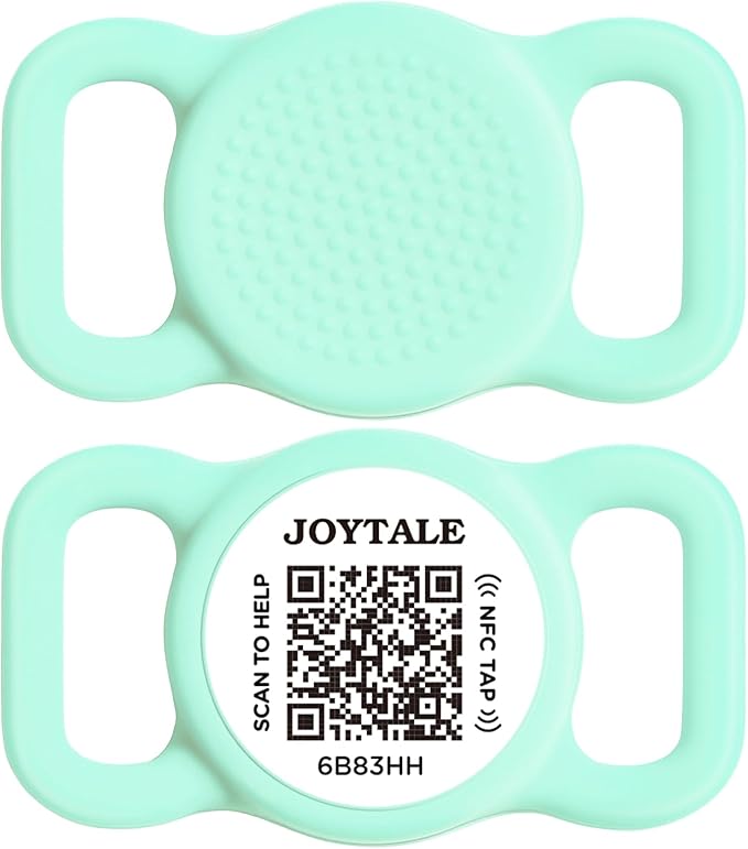 Joytale [ NO APP Required ] Silent Silicone QR Code Dog Tag, Slide On Dog Tags for 3/8-5/8 Inch Wide Collars or Vest, NFC Pet Online Profile, Scan QR to Send Location Alert Email, Teal, S