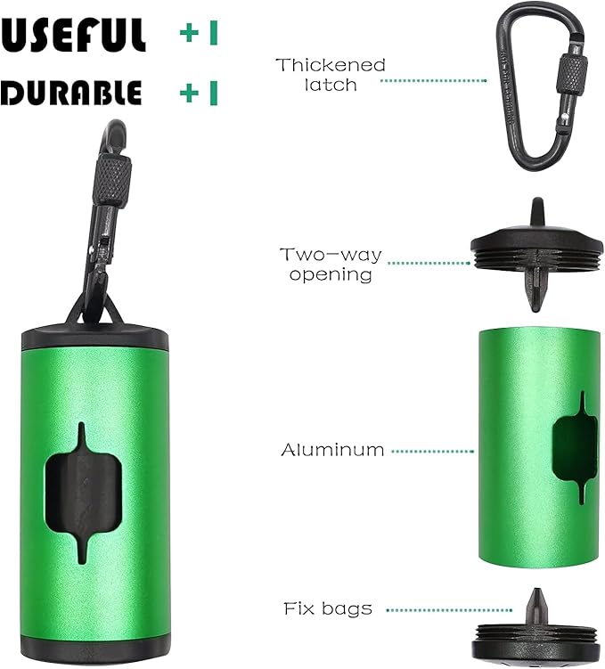 2 Pack Metal Dog Poop Bags Holder Aluminum Poo Bags Dispenser with 30 Black Unscented Pet Waste Bags and 3 Leash Accessories for Dog Walking(2 Holders 30 Bags,Green)
