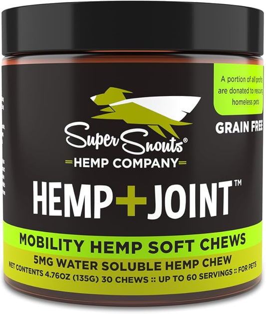 Super Snouts Hemp & Joint Chew for Dogs & Cats, 30 Chews (Up to 60 servings) – Made in USA Hip & Joint Supplement with Green Lipped Mussels, Hemp Helps Calms Joint Inflammation & Relief Joint Pain