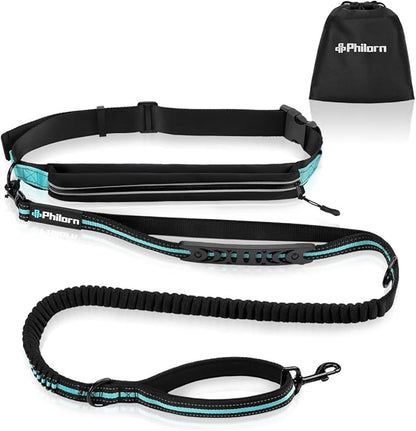 PHILORN Hands Free Dog Leash for Running, Jogging | Reflective Stitching, Adjustable Waist Belt(24"-47"), Phone Pouch, Shock Absorbing Dual Handle Bungee(47"-67") for Large Dog
