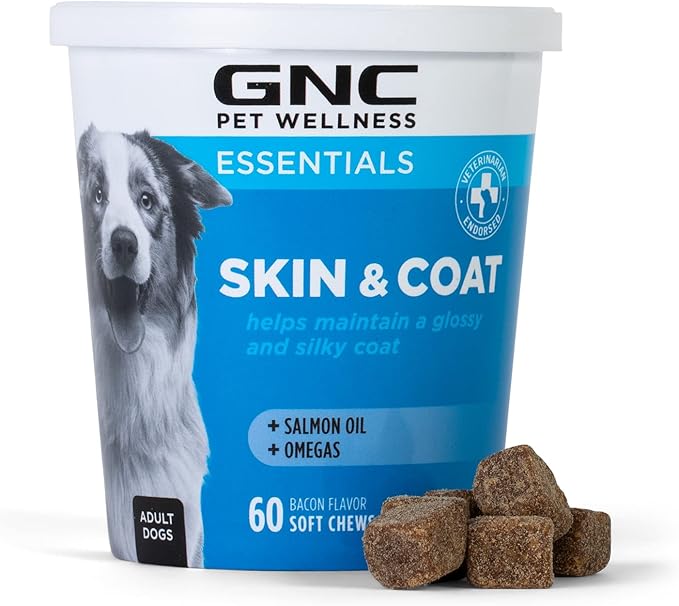GNC Pets Essentials, Skin & Coat, All Dog 60ct 2.2g Soft Chews | Skin & Coat Soft Chews for Dogs in Bacon Flavor | Dog Supplement with Salmon Oil, Omega Fatty Acids, and EPA & DHA for Skin and Coats