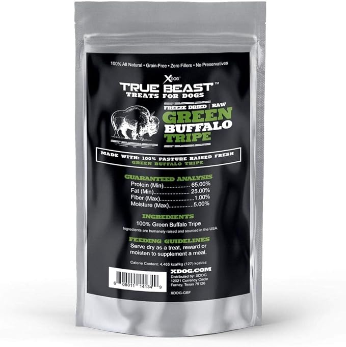 Xdog Green Buffalo Tripe Dog Training Treats by True Beast | Premium Grain Free Dog Treat Made w/Pure Freeze Dried Tripe | Grass Fed, All Natural, No Additives | Made in The USA | Raw Dog Treats
