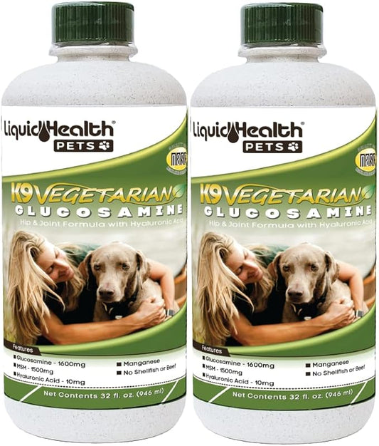 LIQUIDHEALTH 32 Oz K9 Vegetarian Liquid Glucosamine for All Dogs Canines - Chondroitin, MSM, Omega 3, Anti Oxidants Hyaluronic Acid – Joint Health, Dog Vitamins Hip Joint Juice, Joint Oil-2Pack