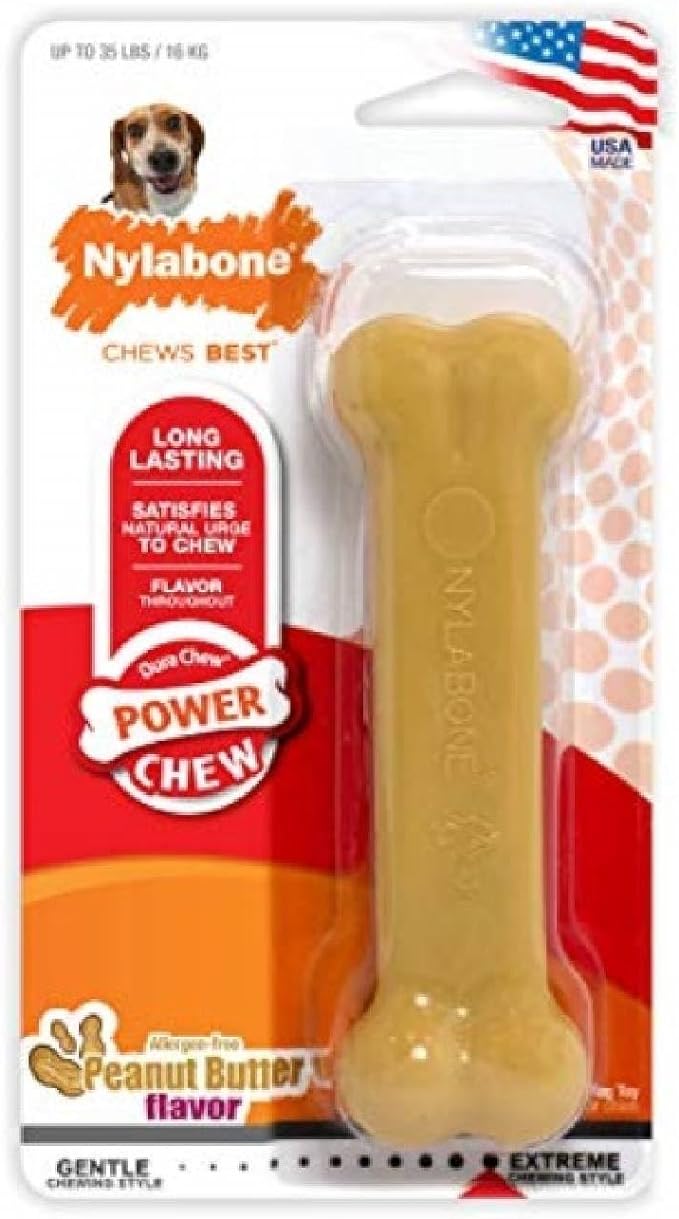 Nylabone Power Chew Classic Bone Chew Toy for Dogs, Durable Dog Toys for Aggressive Chewers, Peanut Butter Flavor, Medium/Wolf - Up to 35 lbs. (1 Count)
