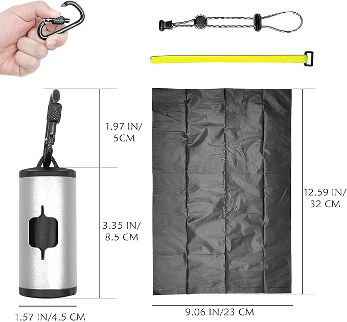 Metal Dog Poop Bags Holder Aluminum Poo Bags Dispenser with 15 Black Unscented Pet Waste Bags and 3 Leash Accessories for Dog Walking(1 Holder 15 Bags,Silver)