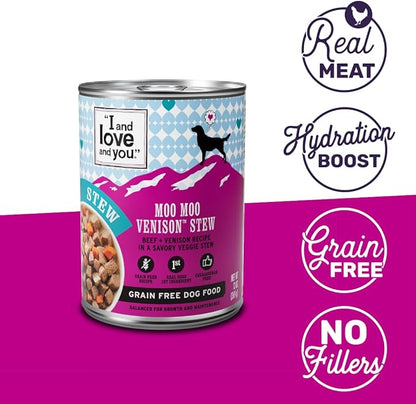 I AND LOVE AND YOU Wet Dog Food - Moo Moo Venison Stew - Beef + Venison Recipe, Grain Free, Filler Free 13oz can, 12pk