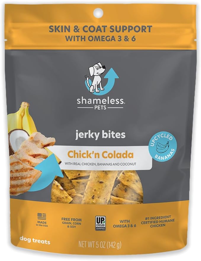 Shameless Pets Jerky Dog Treats, Chick'n Colada - Healthy Dog Chews for Dogs Skin & Coat with Omega 3 & 6 - Dog Treats with Real Humanely Raised Chicken - Free from Grain, Corn & Soy - 1-Pack