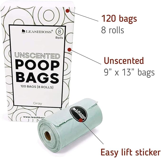 Leashboss Dog Poop Bags - 120 Bags, 8 Rolls Unscented Leak Proof Waste Bag Rolls (Gray, 8 Rolls)