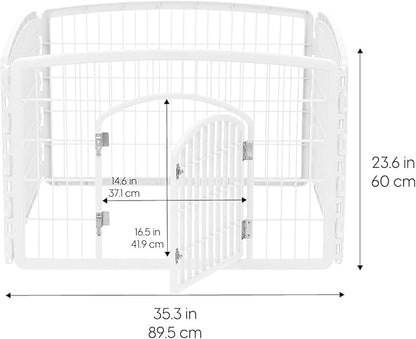 IRIS USA Dog Playpen, 4-Panel 24" Pet Playpen with Door, Puppy Playpen, Indoor/Outdoor Dog Pen, 35 x 35 x 24, Foldable, Customizable, White