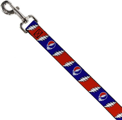 Dog Leash Steal Your Face Lightning Bolt Repeat Red White Blue 6 Feet Long 1.0 Inch Wide