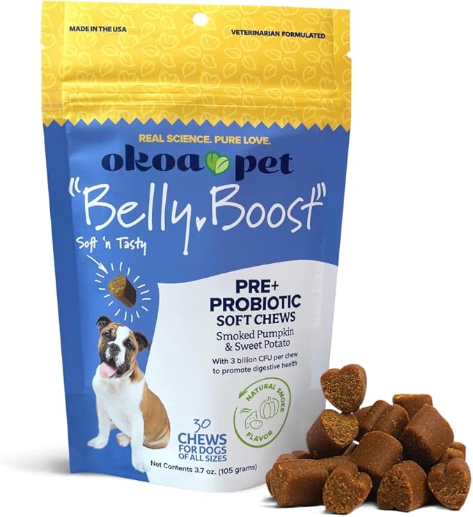 Belly Boost Probiotic Soft Chews for Dogs - Vet Formulated for Gut Health, Digestion, Allergy Relief, & Immune System Support - Smoked Pumpkin & Sweet Potato Flavor - for All Breeds & Sizes