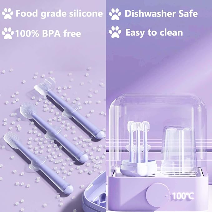 3 Pack Multi Angle Dog Toothbrush with Case for Small Dog & Cat, Soft Silicone Dog Tooth Brushing Kit for Puppies & XSmall Breed, Durable Dog Dental Care to Remove Plaque for Teeth Cleaning. (Purple)