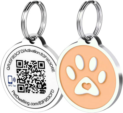 Premium NFC-QR Code Pet ID Tags - Dog Tags and Cat Tags, Connect to Online Pet Profile, Receive Instant Scanned Location Email Alert(Peach Paw)