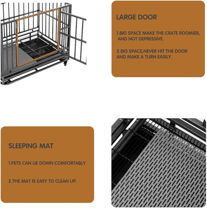 38/42/46 inch Heavy Duty Extra Large Indestructible Dog Crate Kennel Indoor with Separation Anxiety Lockable Wheels and Removable Tray