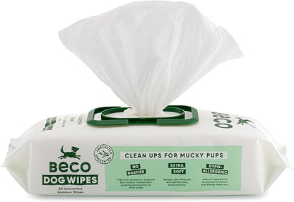 Beco Bamboo Dog Wipes, Thick Grooming Wipes for Easy Pet Cleanup, Home Compostable, 80 Count (Unscented)