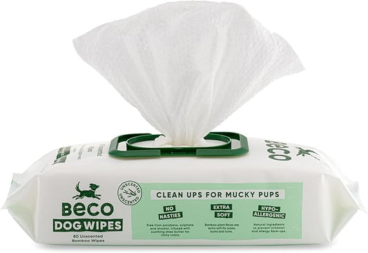 Beco Bamboo Dog Wipes, Thick Grooming Wipes for Easy Pet Cleanup, Home Compostable, 80 Count (Unscented)