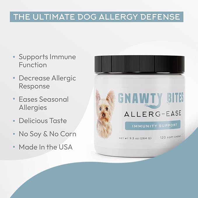 Gnawty Bites Allerg-Ease - Immunity Support Probiotics for Dogs with Kelp, Colostrum, & Bee Pollen - Dog Allergy Relief for Small to Large Breeds - 120 Soft Dog Allergy Chews (264 G)