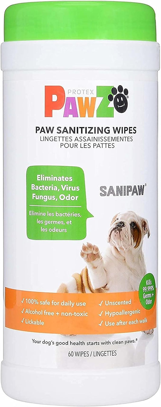 PAWZ Protex SaniPaw Odor Eliminating Dog Paw Wipes (60 Wipes) Cleansing Dog Grooming Wipes, Simple & Safe Lickable Ingredients - Paw Cleaner for Dogs, Pet Wipes