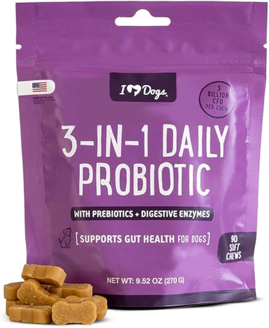 iHeartDogs 3-in-1 Probiotic for Dogs with Pumpkin for Improved Digestion & Gut Health - Dog Probiotics and Digestive Enzymes, 90 Count