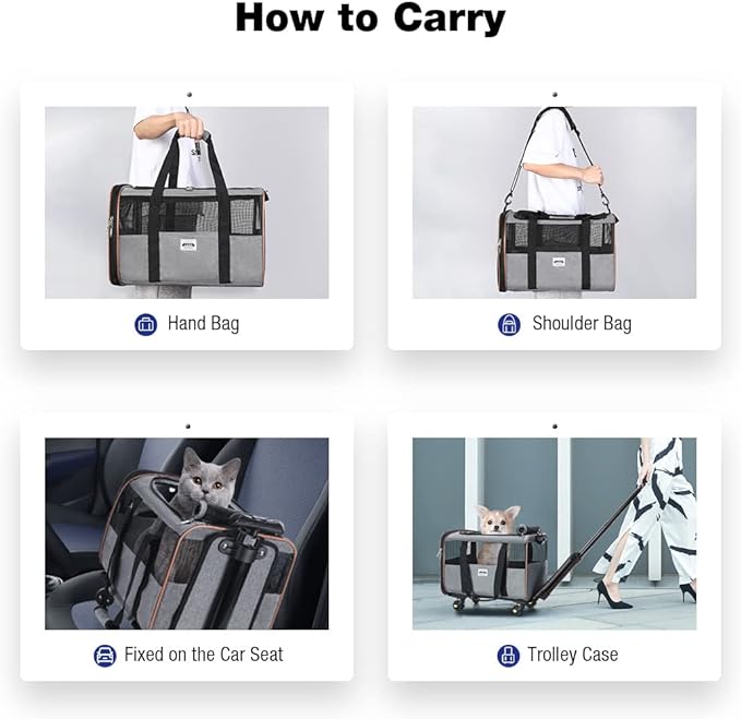 Lekesky Cat Dog Carrier with Wheels Airline Approved Rolling Pet Carrier with Telescopic Handle and Shoulder Strap, Grey