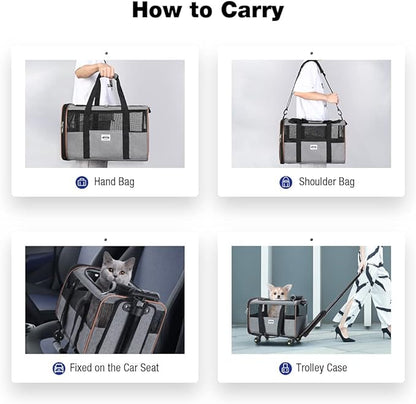 Lekesky Cat Dog Carrier with Wheels Airline Approved Rolling Pet Carrier with Telescopic Handle and Shoulder Strap, Grey