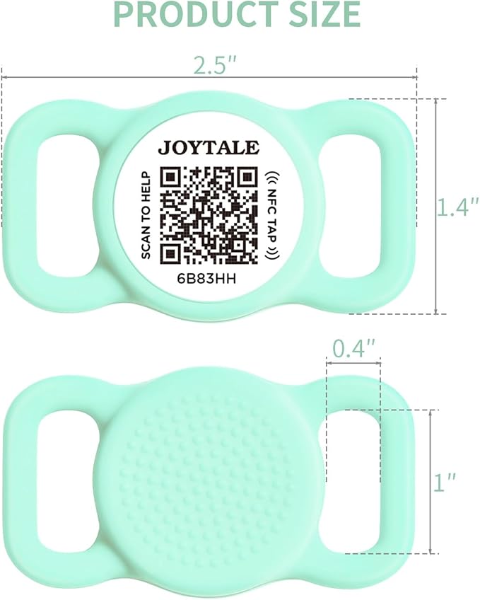 Joytale [ NO APP Required ] Silent Silicone QR Code Dog Tag, Slide On Dog Tags for 1 Inch Wide Collars or Vest, NFC Pet Online Profile, Scan QR to Send Location Alert Email, Teal, M