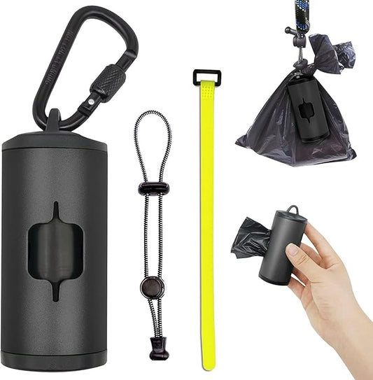 Metal Dog Poop Bags Holder Aluminum Poo Bags Dispenser with 15 Black Unscented Pet Waste Bags and 3 Leash Accessories for Dog Walking(1 Holder 15 Bags,Black)