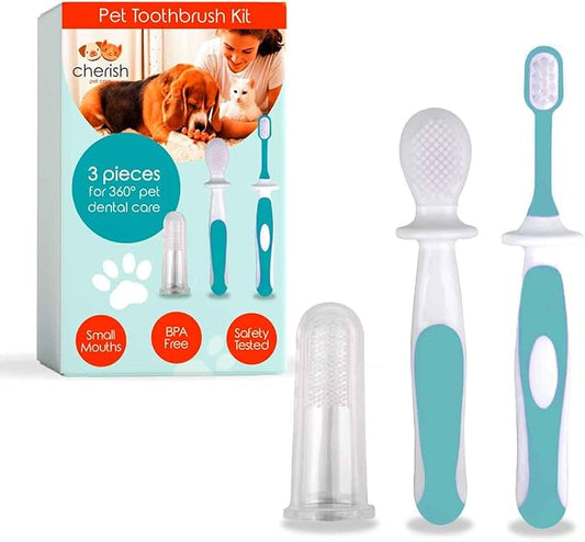 Cherish Pet Care Dog Tooth Brushing Kit (3pcs) - Dog Finger Toothbrush, Double-Sided Toothbrush, Small Dog Toothbrush, Dog Teeth Cleaning, Puppy Tooth Brushing Kit, Small Dog Tooth Brushing Kit