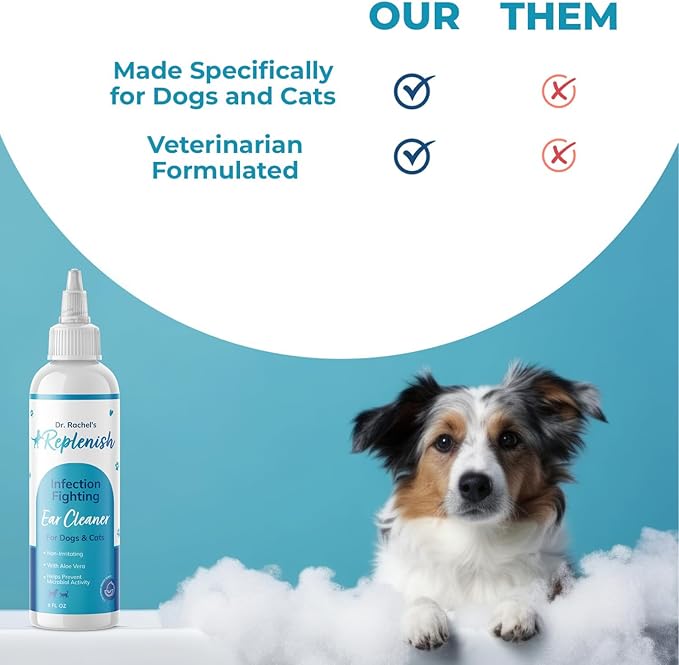 Replenish Ear Cleaner for Dogs and Cats - Dr. Rachel's Alcohol Based Gentle Ear Cleansing Solution with Aloe Vera-Infused Cucumber Melon Scent - 8 oz