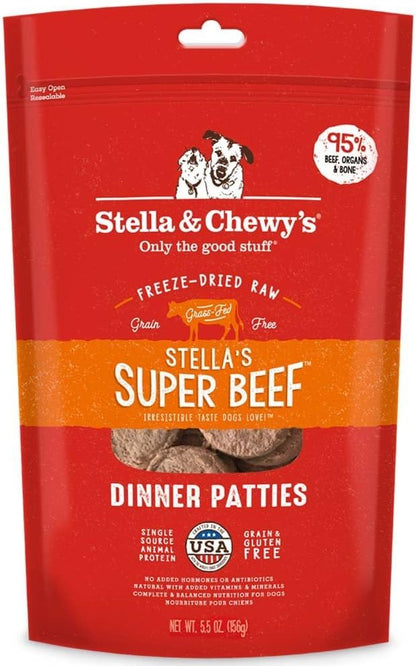 Stella & Chewy's Freeze Dried Raw Dinner Patties – Grain Free Dog Food, Protein Rich Stella’s Super Beef Recipe – 5.5 oz Bag