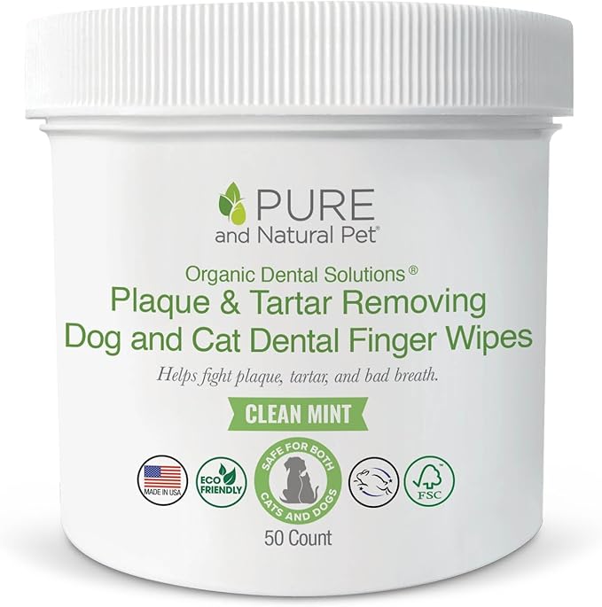 Pure and Natural Pet Organic Dental Solutions Plaque & Tartar Removing Dental Finger Wipes for Cats and Dogs