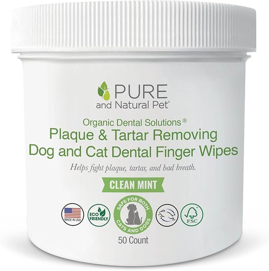 Pure and Natural Pet Organic Dental Solutions Plaque & Tartar Removing Dental Finger Wipes for Cats and Dogs