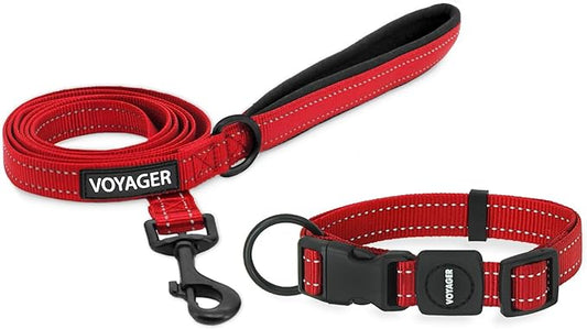Voyager Reflective Dog Leash Collar Set with Neoprene Handle Supports Small, Medium, and Large Breed Puppies, Cute and Heavy Duty for Walking, Running, and Training - Red, L