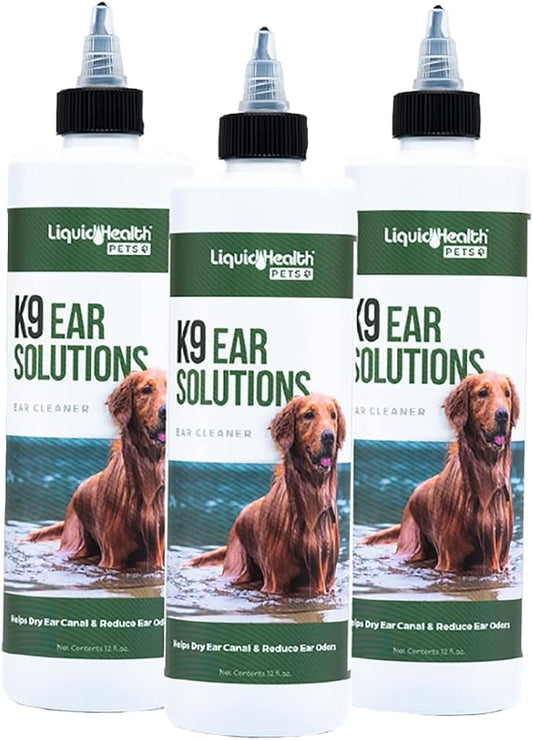 LIQUIDHEALTH 12 Fl Oz K9 Dog Ear Cleaner Wash Solutions - Infection Cleaning Hygiene Treatment Drops for Dogs, Canines and Puppies 3 - Pack