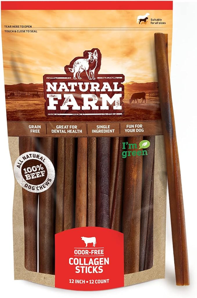 Natural Farm Odor-Free Collagen Dog Chews, (12-Inch, 12-Pack), Long Lasting Bully Sticks & Rawhide Alternative Dog Treats, 95% Collagen, High Protein Best Dental Dog Treats – Medium & Large Dogs