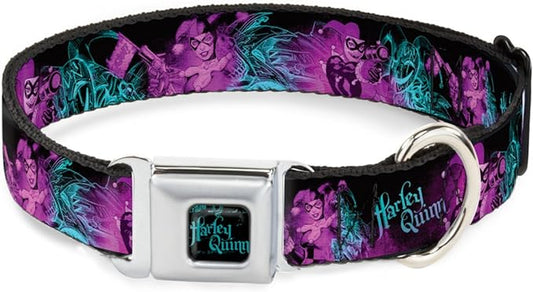 Buckle-Down DC-WJK047-WM Seatbelt Dog Collar, Wide Medium, Harley Quinn Pow & Aiming Poses/Joker Sketch Black/Turquoise/Fuchsia, Multicolor, 1.5" Wide - Fits 16-23" Neck - Medium