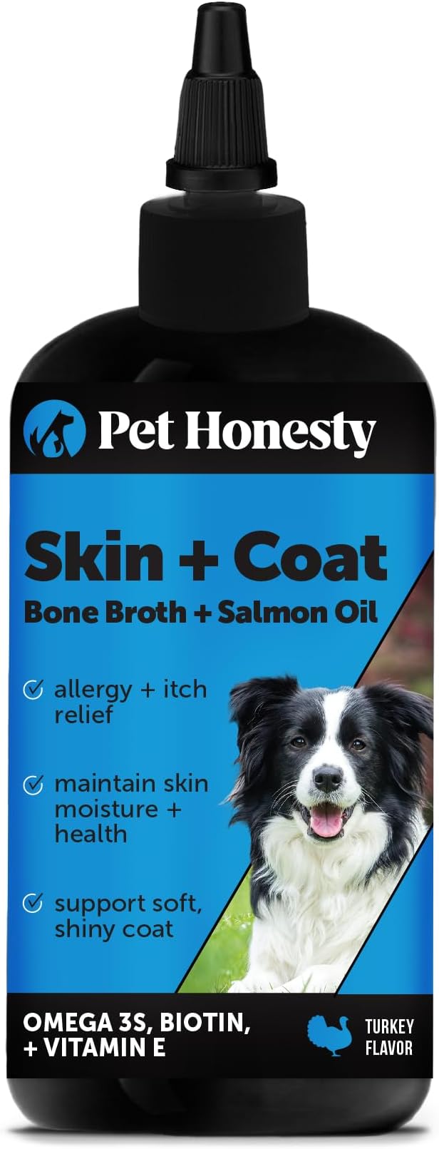 Pet Honesty Dog Skin and Coat Supplement with Salmon Oil for Dogs - Allergy Itch Relief + Skin & Coat Health, Dog Food Topper Bone Broth with Salmon Oil, Collagen, Biotin + Vitamin E (12 oz)