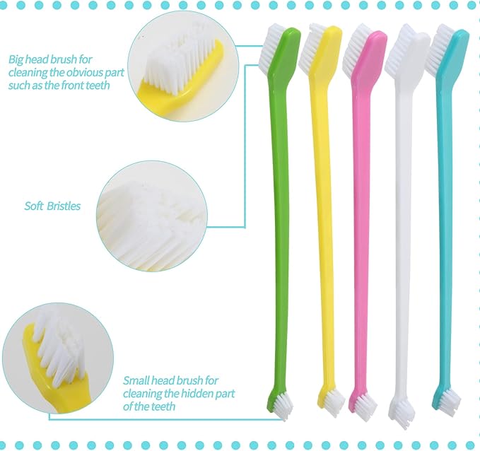 50 Pack Dual Ended Long Dog & Cat Toothbrush, Pet Safe Super Soft Bristles for Pet Dog Puppy Kitten Dental & Oral Care Teeth & Gums, Pet toothbrushes in box, Bulk individual polybag (Colorful)
