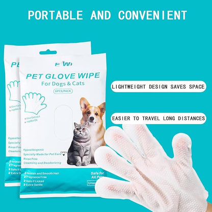 Pet Cleaning & Grooming Glove Wipes, Hypoallergenic Dog Deodorising Bath Wipes, Easy Dry Cleaning Gloves Cat Wipes, Nourishing Fur Wipes, For Grooming Between Baths & Daily Care, Travelling (6 PCS )